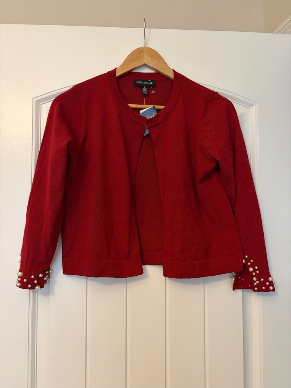 Nina Leonard Red Open Cardigan with Pearl Cuffs